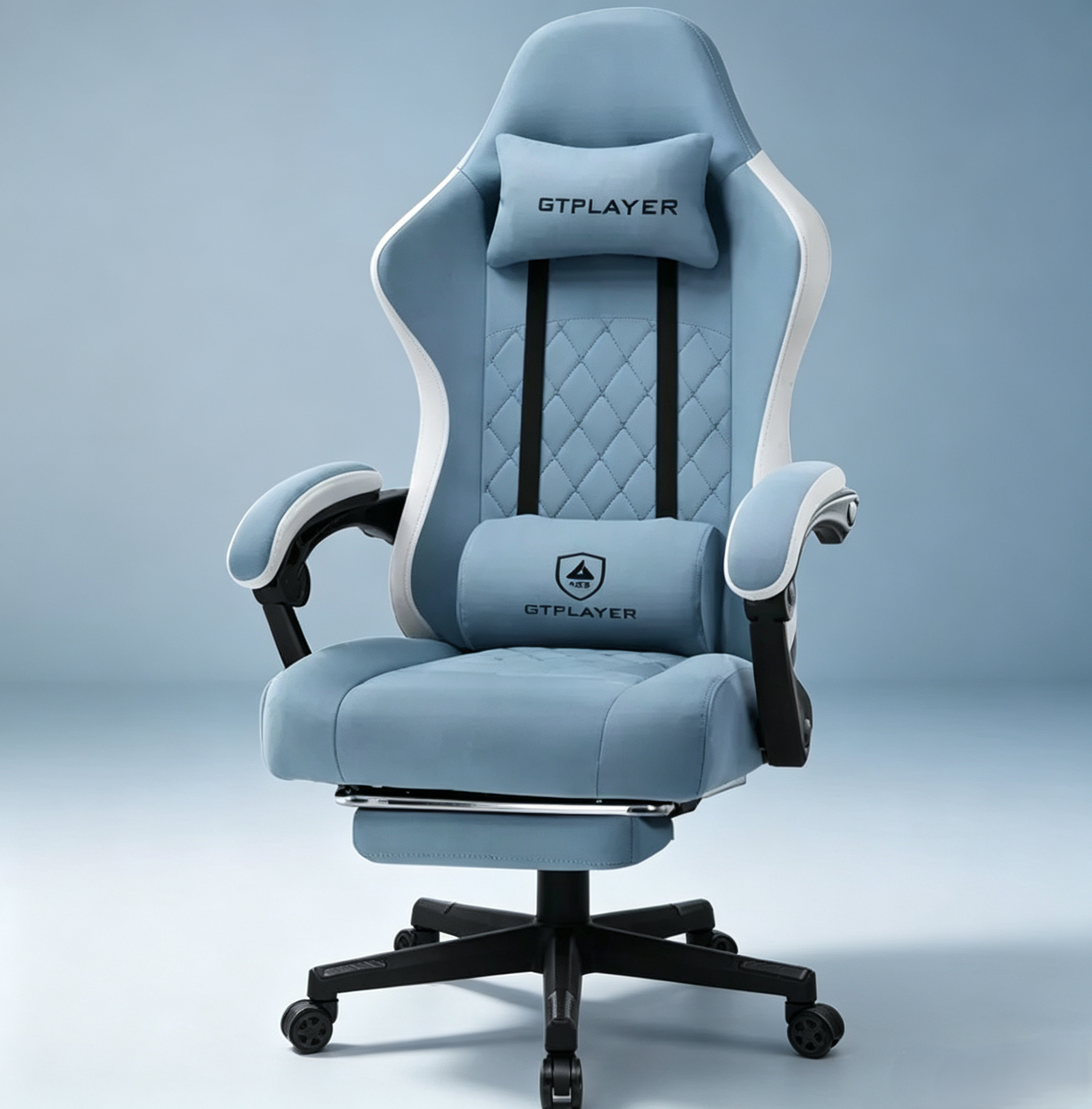 Chaise de jeu avec accoudoirs synchronisés - Tissu bleu clair, ressorts ensachés, repose-pieds rétractable
