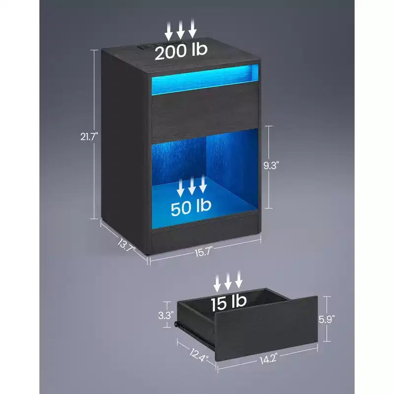 Table de chevet avec station de recharge et lumières LED – Tiroir, 2 prises CA + 2 ports USB, MDF noir