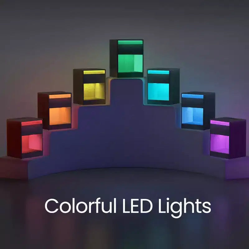 Table de chevet avec station de recharge et lumières LED – Tiroir, 2 prises CA + 2 ports USB, MDF noir