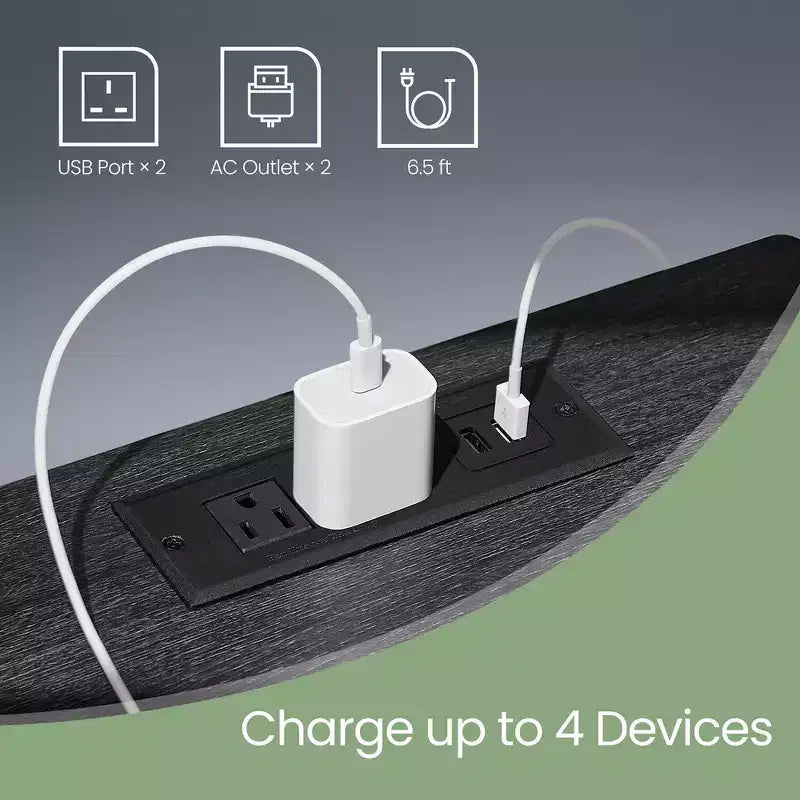 Table de chevet avec station de recharge et lumières LED – Tiroir, 2 prises CA + 2 ports USB, MDF noir