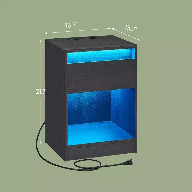 Table de chevet avec station de recharge et lumières LED – Tiroir, 2 prises CA + 2 ports USB, MDF noir