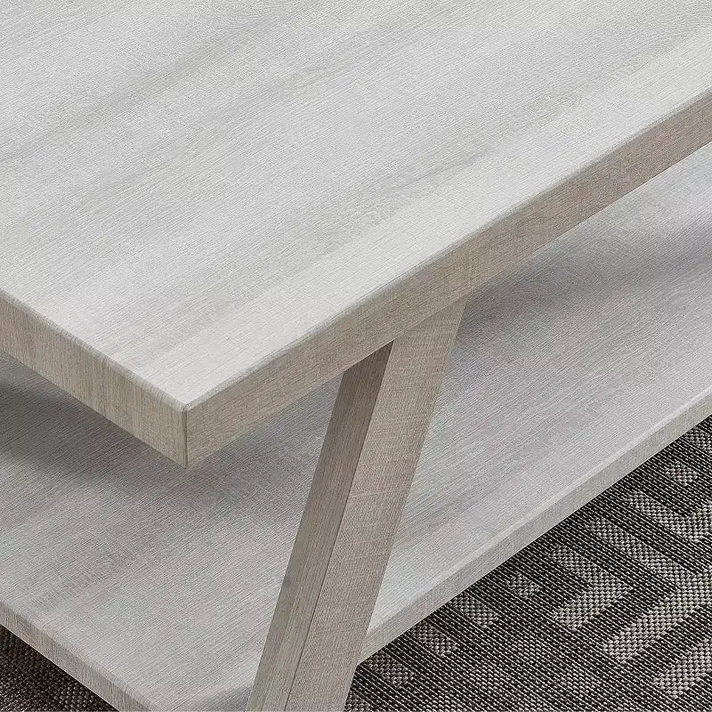 Table d'appoint contemporaine en bois avec étagère - Finition blanche, pieds évasés, étagère inférieure