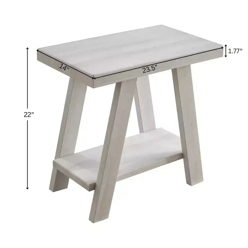 Table d'appoint contemporaine en bois avec étagère - Finition blanche, pieds évasés, étagère inférieure