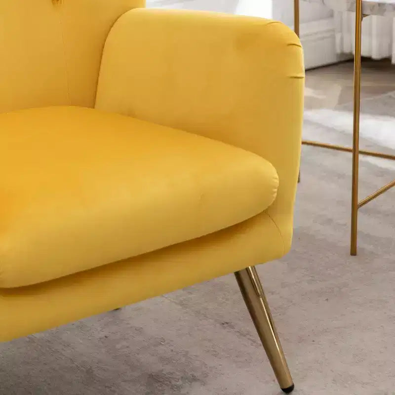 Fauteuil d'appoint à dossier haut capitonné en velours - Jaune, pieds en métal doré