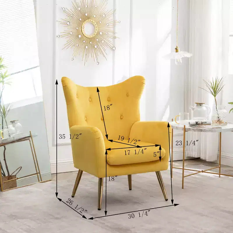 Fauteuil d'appoint à dossier haut capitonné en velours - Jaune, pieds en métal doré