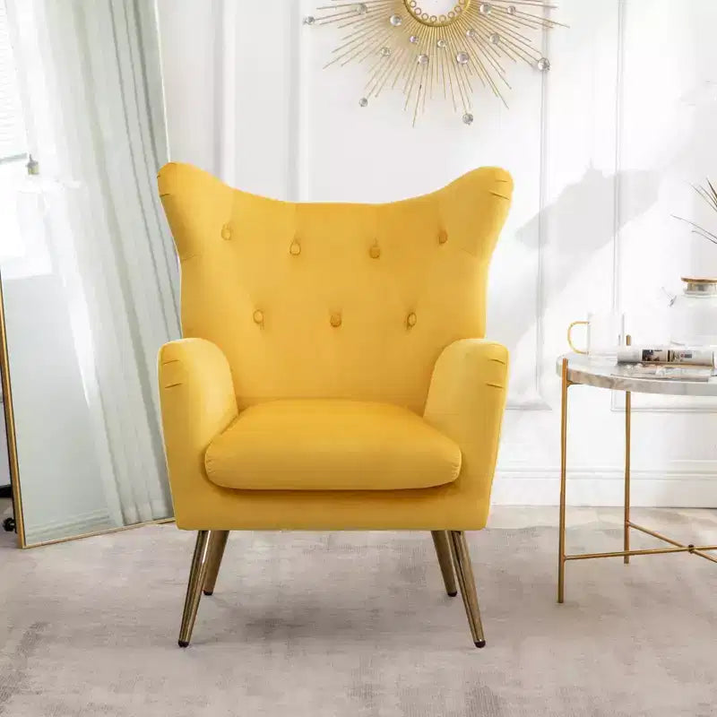 Fauteuil d'appoint à dossier haut capitonné en velours - Jaune, pieds en métal doré