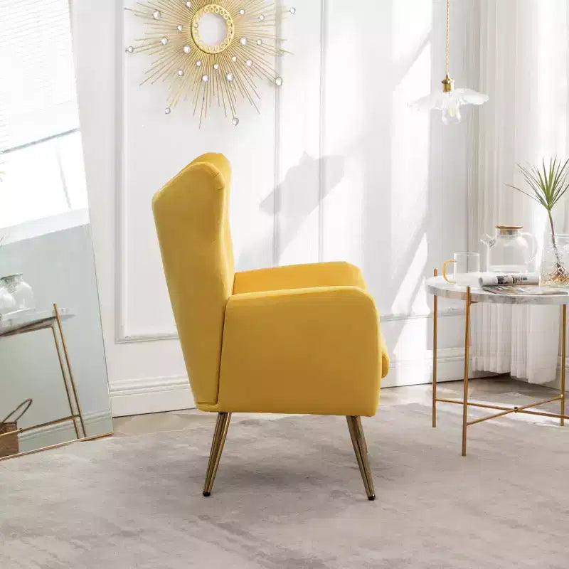 Fauteuil d'appoint à dossier haut capitonné en velours - Jaune, pieds en métal doré