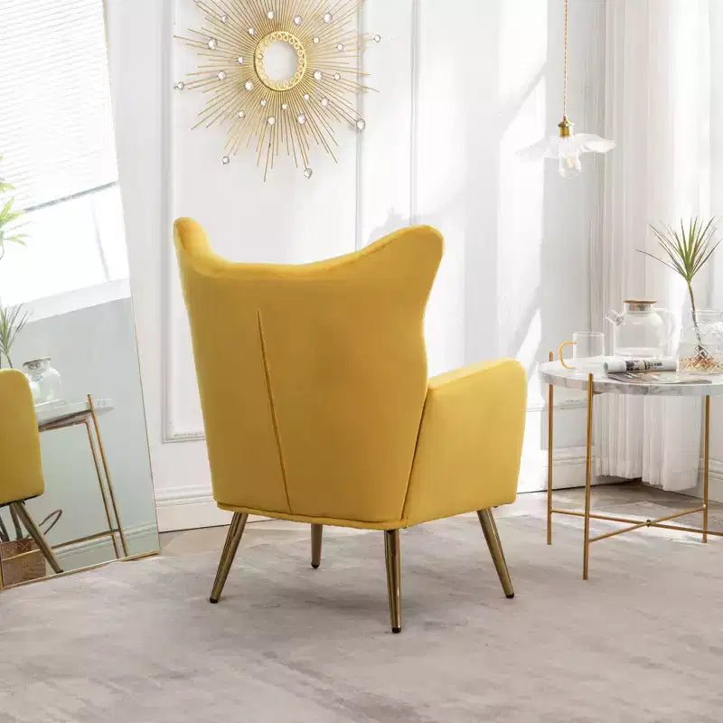 Fauteuil d'appoint à dossier haut capitonné en velours - Jaune, pieds en métal doré