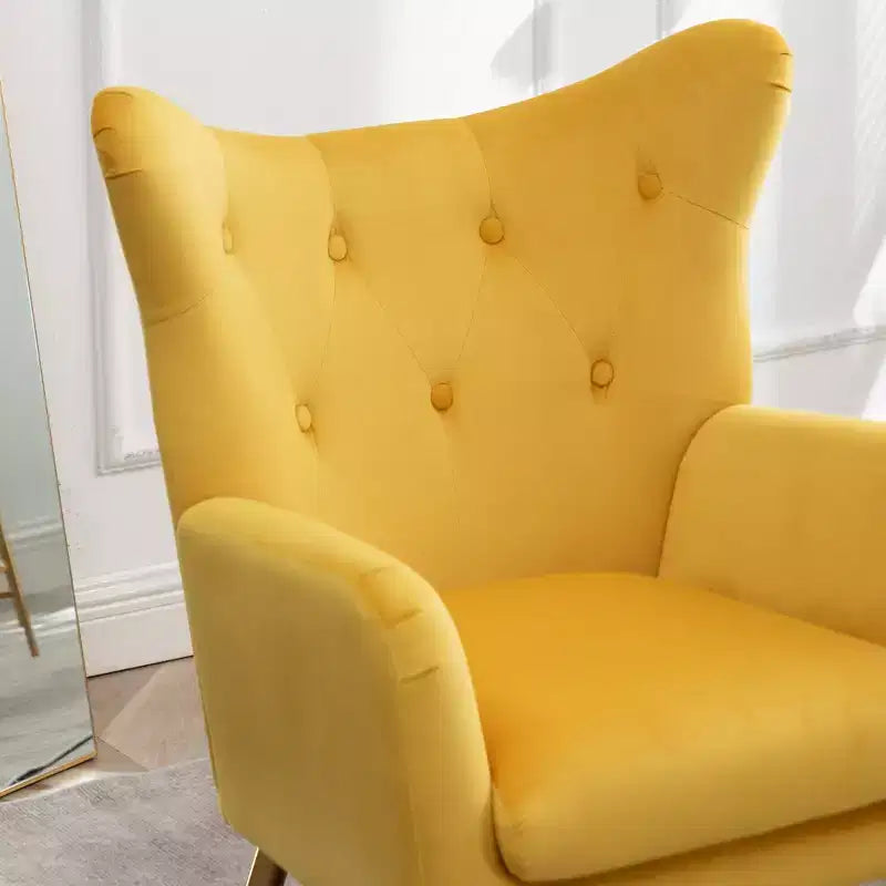 Fauteuil d'appoint à dossier haut capitonné en velours - Jaune, pieds en métal doré