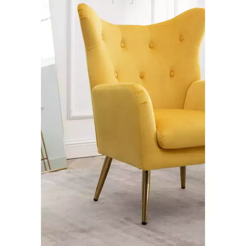 Fauteuil d'appoint à dossier haut capitonné en velours - Jaune, pieds en métal doré