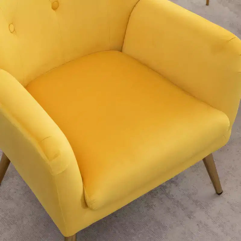 Fauteuil d'appoint à dossier haut capitonné en velours - Jaune, pieds en métal doré