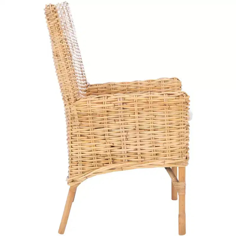 Fauteuil d'appoint en rotin avec coussin – Lavis blanc et gris, cadre en bois, 125 kg