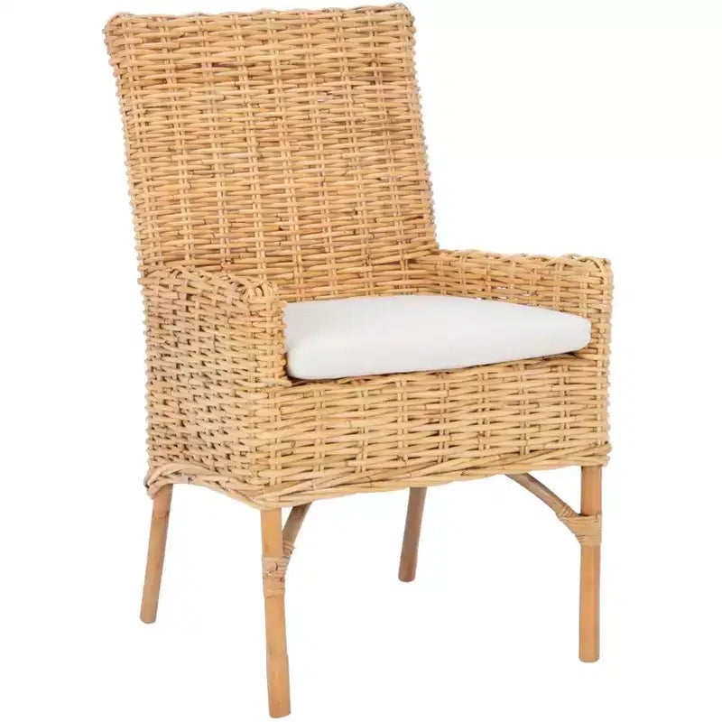 Fauteuil d'appoint en rotin avec coussin – Lavis blanc et gris, cadre en bois, 125 kg