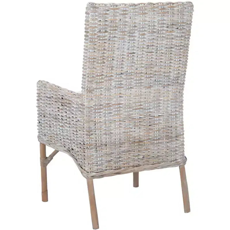 Fauteuil d'appoint en rotin avec coussin – Lavis blanc et gris, cadre en bois, 125 kg
