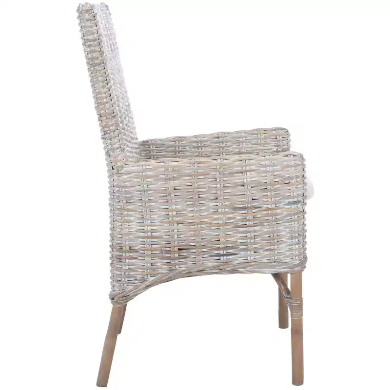 Fauteuil d'appoint en rotin avec coussin – Lavis blanc et gris, cadre en bois, 125 kg