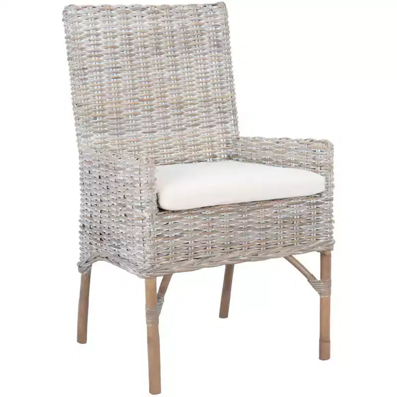 Fauteuil d'appoint en rotin avec coussin – Lavis blanc et gris, cadre en bois, 125 kg