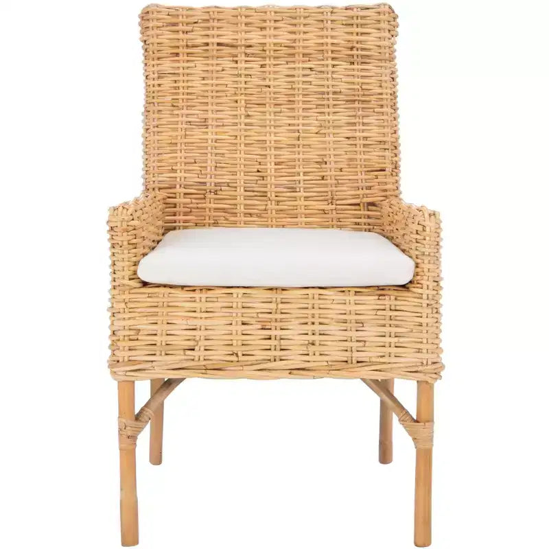 Fauteuil d'appoint en rotin avec coussin – Lavis blanc et gris, cadre en bois, 125 kg