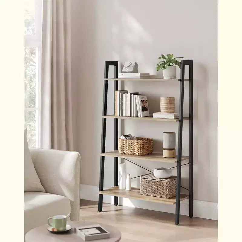 Étagère-échelle industrielle à 4 niveaux avec cadre en acier – Brun camel et noir