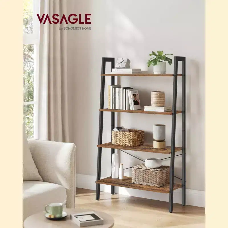 Étagère-échelle industrielle à 4 niveaux avec cadre en acier – Brun camel et noir