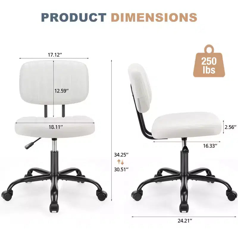 Chaise de bureau ergonomique sans accoudoirs en cuir synthétique PU - Hauteur réglable, pivotante