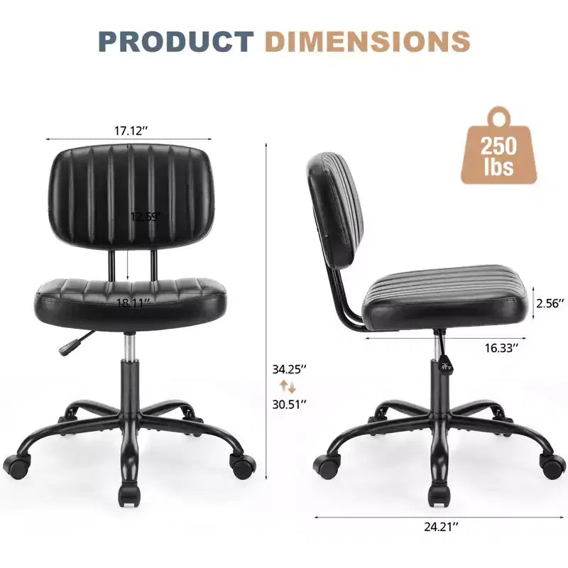 Chaise de bureau ergonomique sans accoudoirs en cuir synthétique PU - Hauteur réglable, pivotante