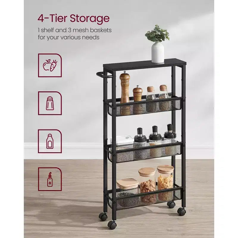 Chariot de rangement fin à roulettes à 4 niveaux avec poignée - 13 cm de profondeur, cadre en acier