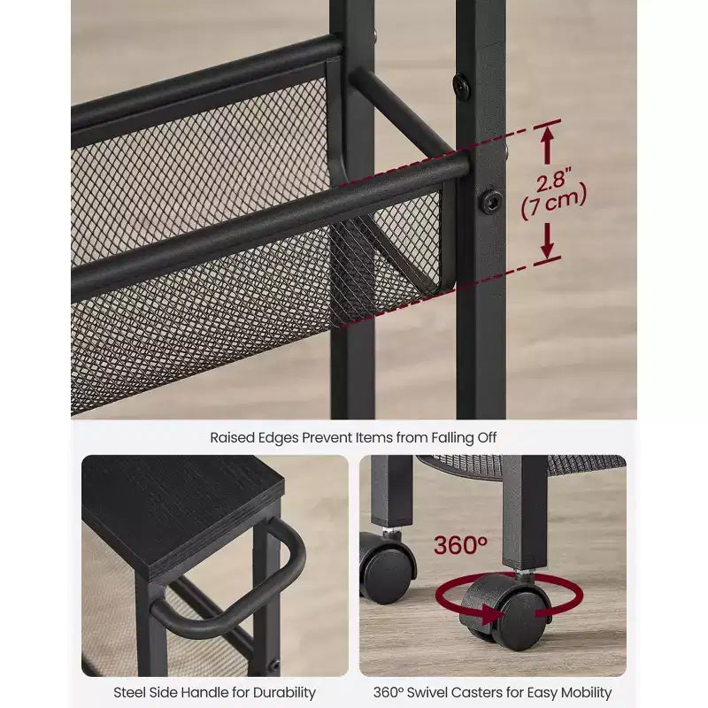 Chariot de rangement fin à roulettes à 4 niveaux avec poignée - 13 cm de profondeur, cadre en acier