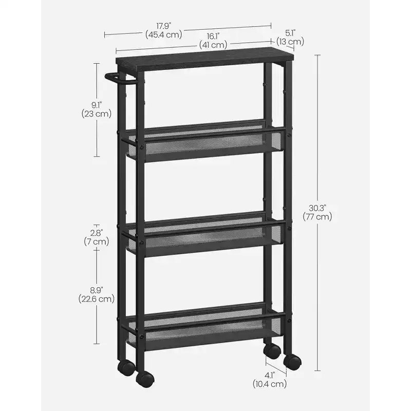 Chariot de rangement fin à roulettes à 4 niveaux avec poignée - 13 cm de profondeur, cadre en acier