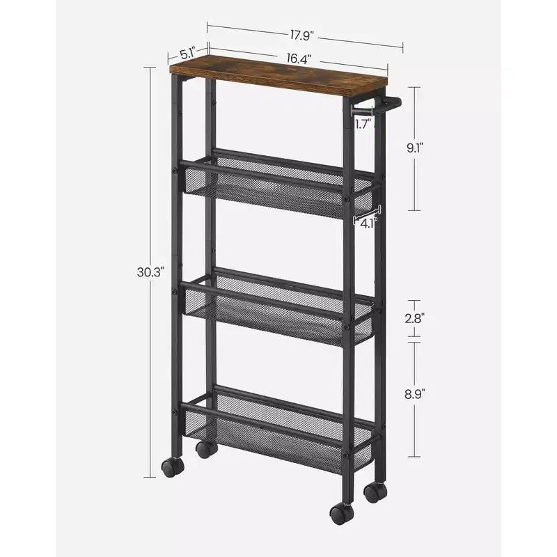 Chariot de rangement fin à roulettes à 4 niveaux avec poignée - 13 cm de profondeur, cadre en acier