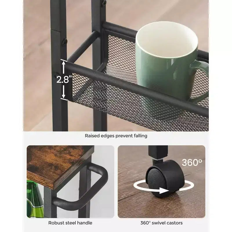 Chariot de rangement fin à roulettes à 4 niveaux avec poignée - 13 cm de profondeur, cadre en acier