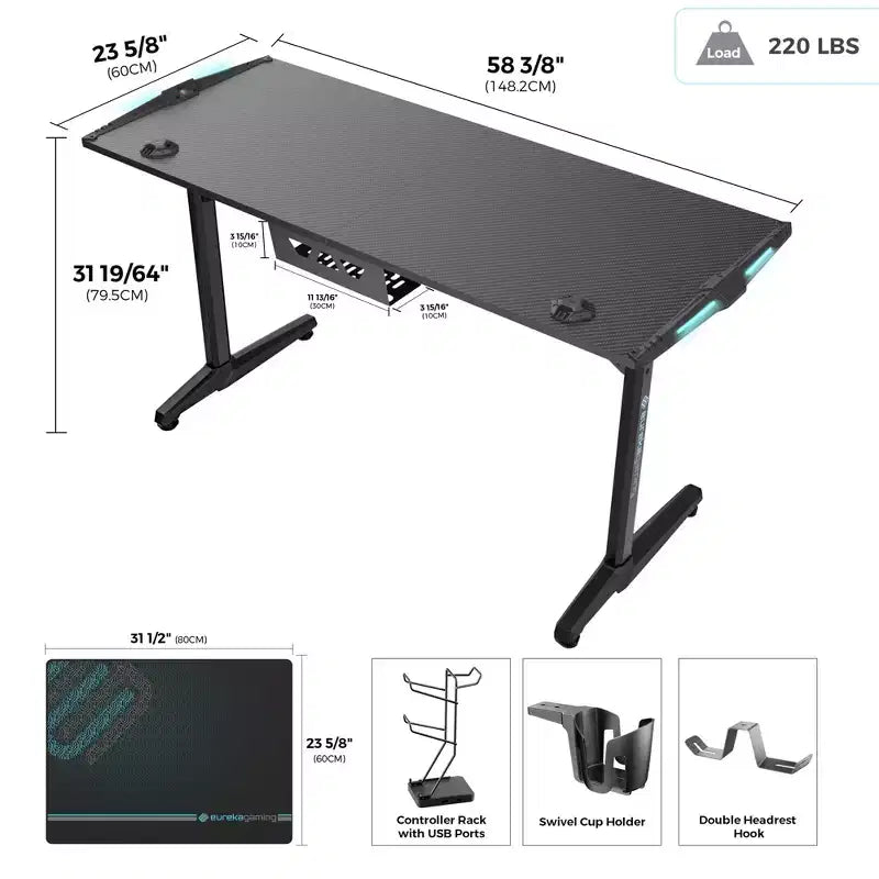 Bureau de jeu 58" avec éclairage RVB et accessoires intégrés - Noir