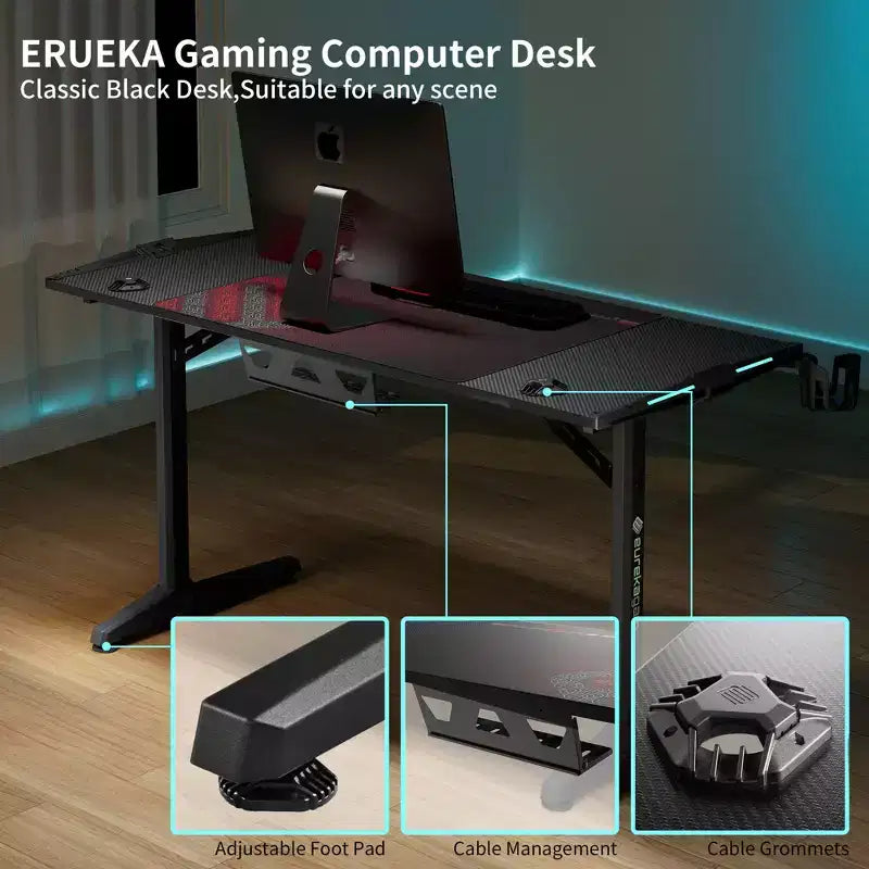 Bureau de jeu 58" avec éclairage RVB et accessoires intégrés - Noir
