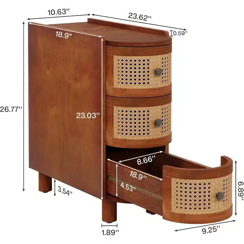 Table d'appoint en bois massif avec 3 tiroirs en rotin et poignées estampées - Aucun assemblage requis
