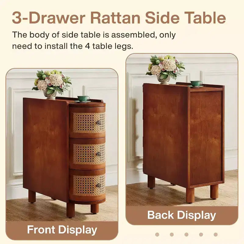 Table d'appoint en bois massif avec 3 tiroirs en rotin et poignées estampées - Aucun assemblage requis