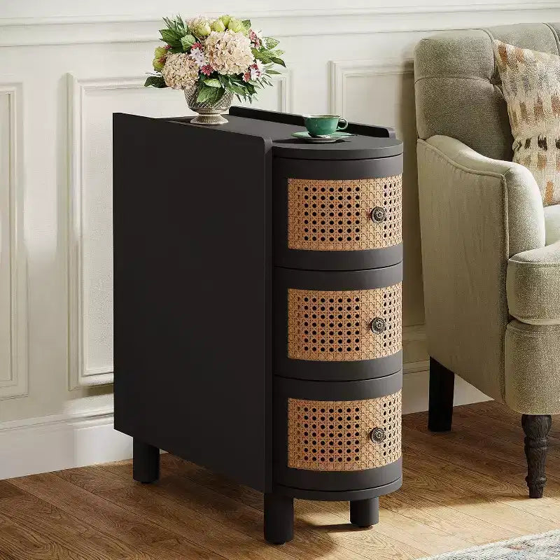 Table d'appoint en bois massif avec 3 tiroirs en rotin et poignées estampées - Aucun assemblage requis