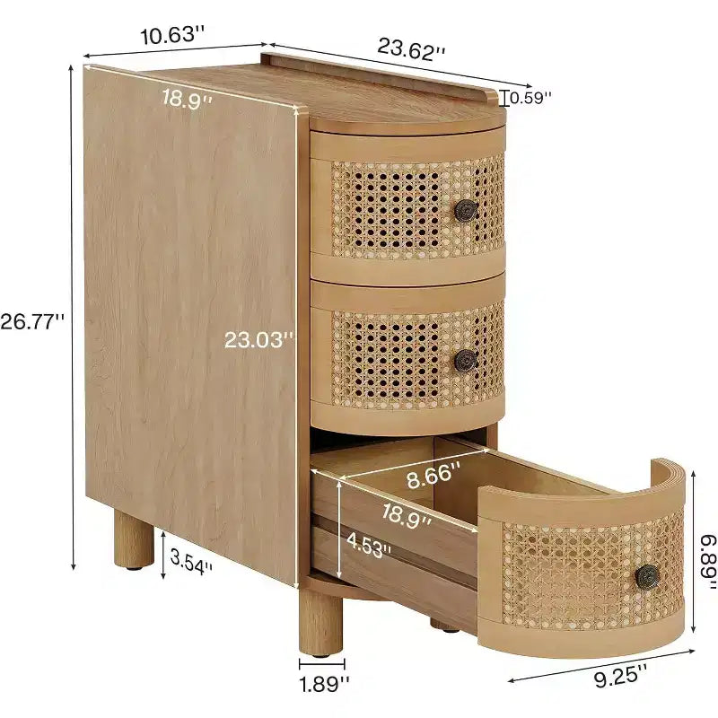 Table d'appoint en bois massif avec 3 tiroirs en rotin et poignées estampées - Aucun assemblage requis