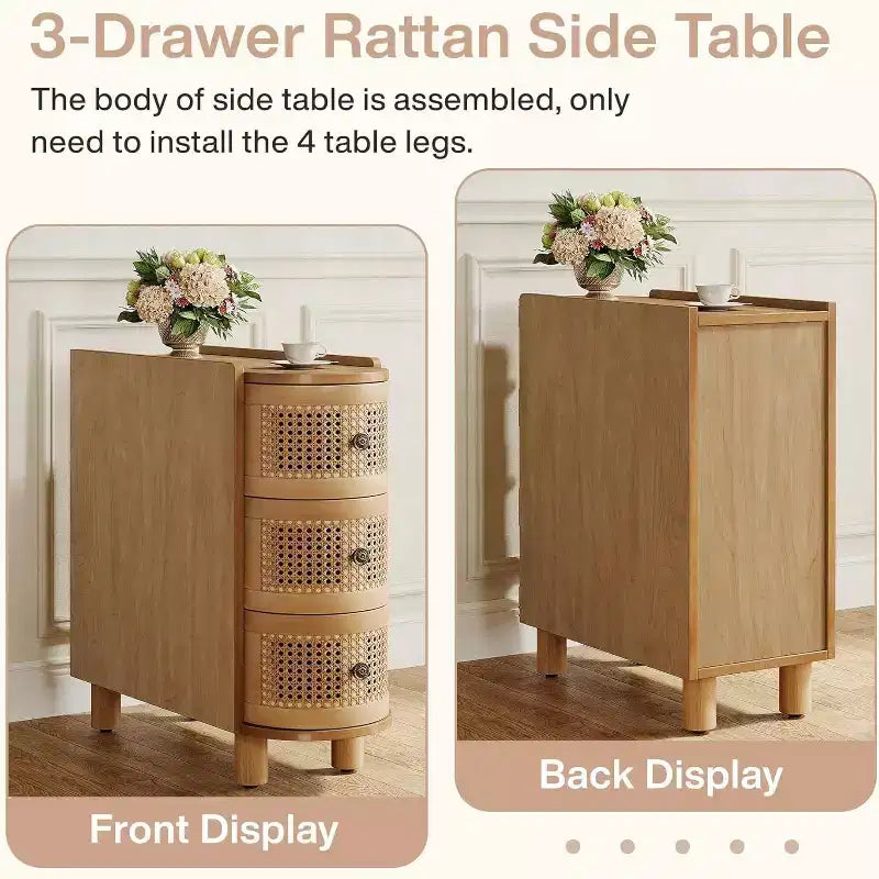 Table d'appoint en bois massif avec 3 tiroirs en rotin et poignées estampées - Aucun assemblage requis