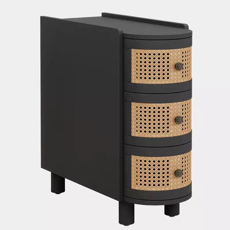 Table d'appoint en bois massif avec 3 tiroirs en rotin et poignées estampées - Aucun assemblage requis