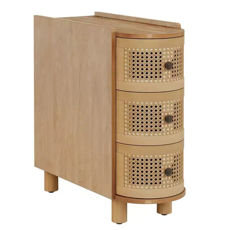 Table d'appoint en bois massif avec 3 tiroirs en rotin et poignées estampées - Aucun assemblage requis