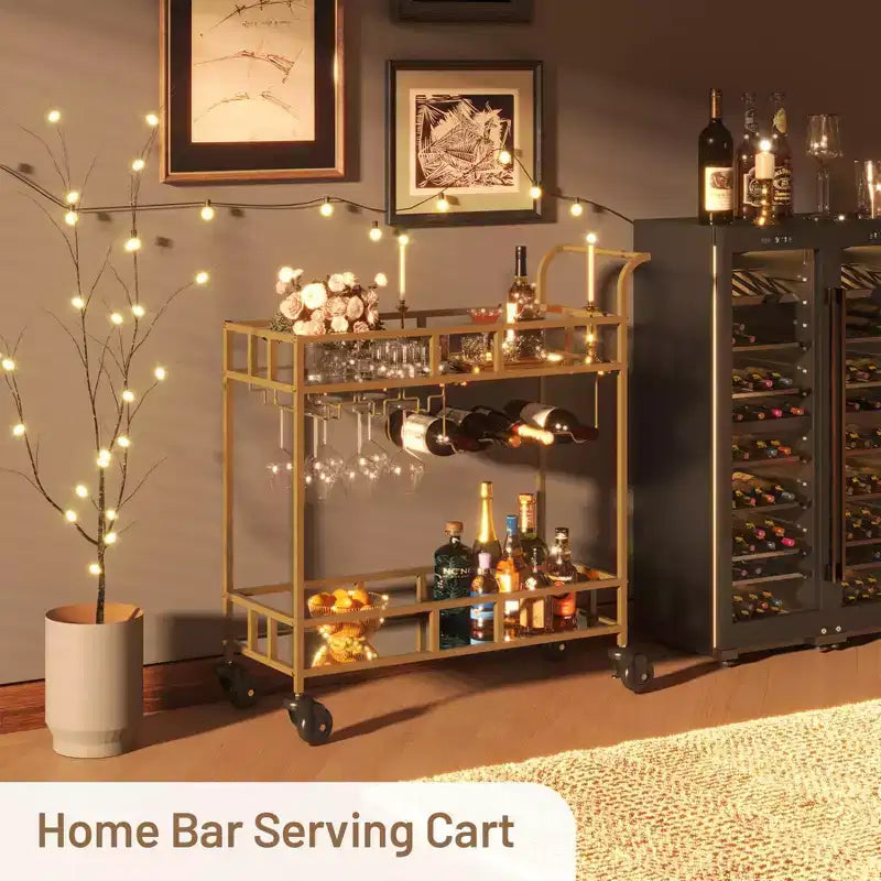 Dessertes de bar à roulettes à 2 niveaux pour la maison, petites dessertes à alcool avec étagères miroir, casiers à vin et porte-verres