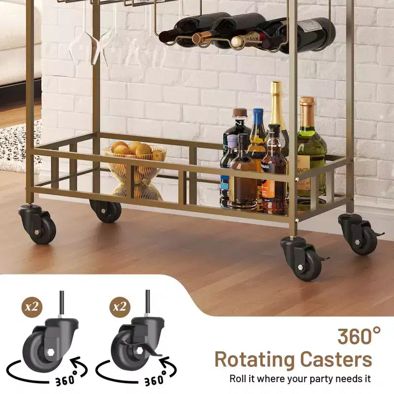 Dessertes de bar à roulettes à 2 niveaux pour la maison, petites dessertes à alcool avec étagères miroir, casiers à vin et porte-verres