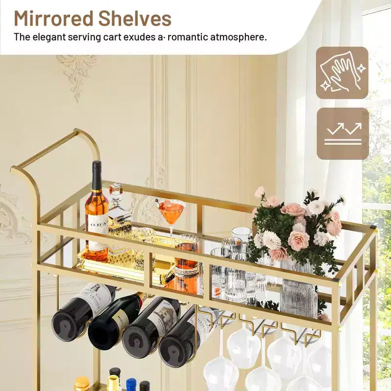 Dessertes de bar à roulettes à 2 niveaux pour la maison, petites dessertes à alcool avec étagères miroir, casiers à vin et porte-verres