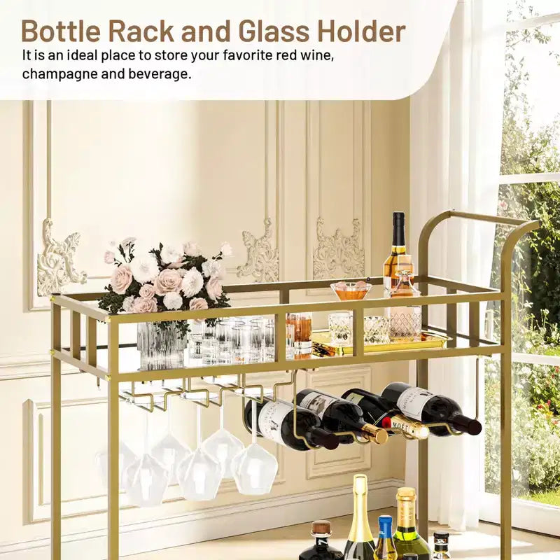 Dessertes de bar à roulettes à 2 niveaux pour la maison, petites dessertes à alcool avec étagères miroir, casiers à vin et porte-verres