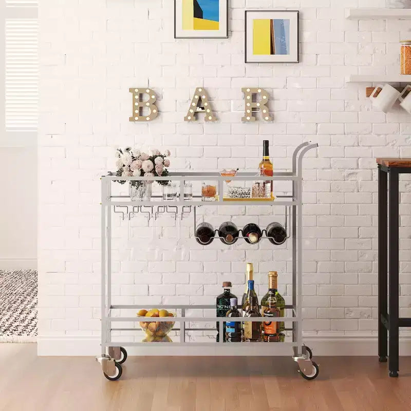 Dessertes de bar à roulettes à 2 niveaux pour la maison, petites dessertes à alcool avec étagères miroir, casiers à vin et porte-verres