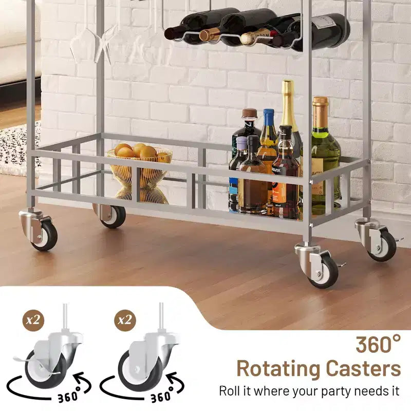 Dessertes de bar à roulettes à 2 niveaux pour la maison, petites dessertes à alcool avec étagères miroir, casiers à vin et porte-verres