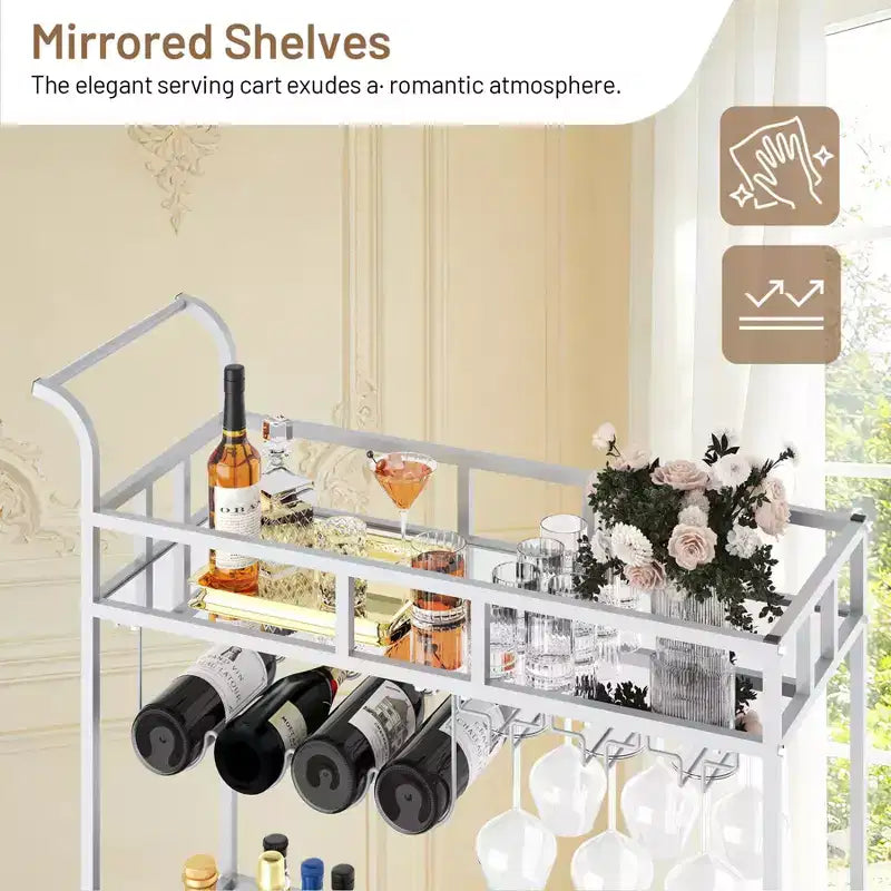 Dessertes de bar à roulettes à 2 niveaux pour la maison, petites dessertes à alcool avec étagères miroir, casiers à vin et porte-verres