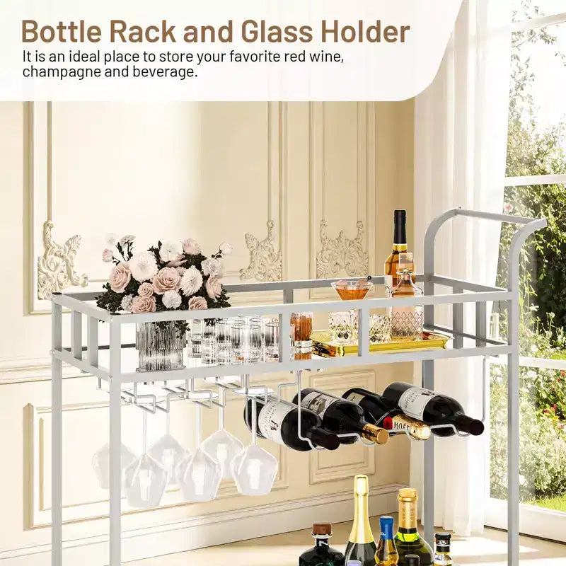 Dessertes de bar à roulettes à 2 niveaux pour la maison, petites dessertes à alcool avec étagères miroir, casiers à vin et porte-verres