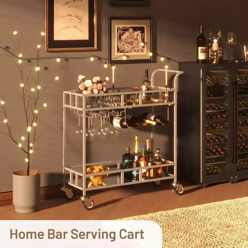 Dessertes de bar à roulettes à 2 niveaux pour la maison, petites dessertes à alcool avec étagères miroir, casiers à vin et porte-verres