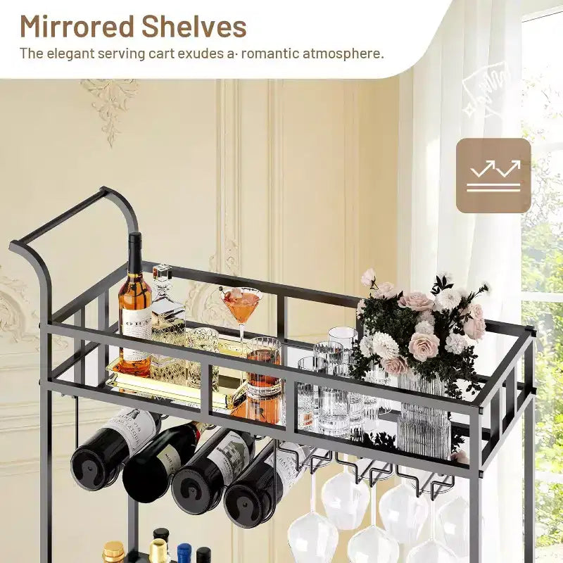 Dessertes de bar à roulettes à 2 niveaux pour la maison, petites dessertes à alcool avec étagères miroir, casiers à vin et porte-verres