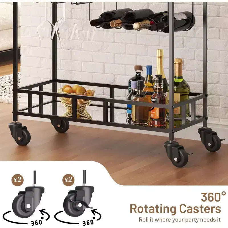 Dessertes de bar à roulettes à 2 niveaux pour la maison, petites dessertes à alcool avec étagères miroir, casiers à vin et porte-verres